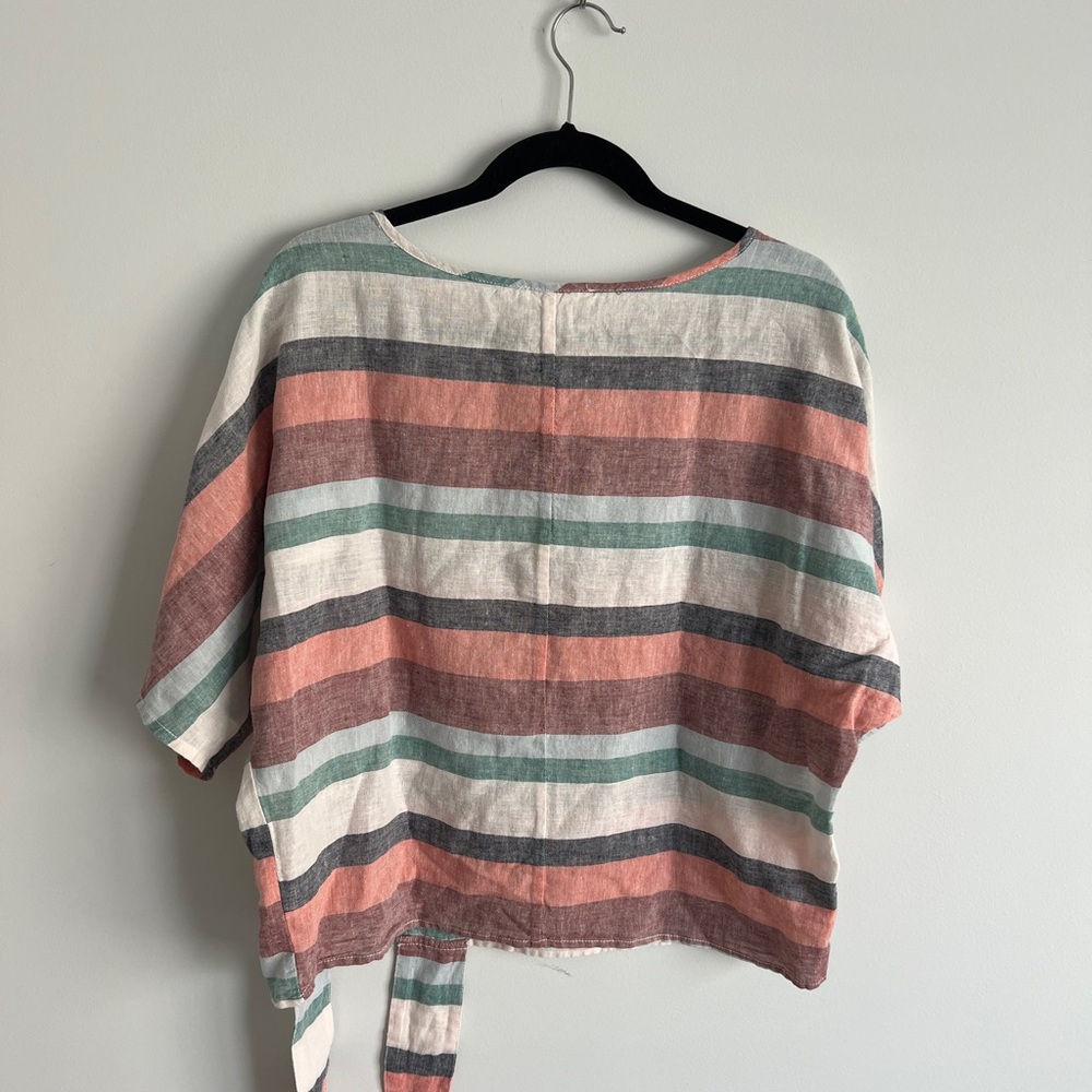 Striped Coastal Luxury Elbow Sleeve Tie Front Linen Cotton Blend Blouse Size XS - Picture 4 of 11